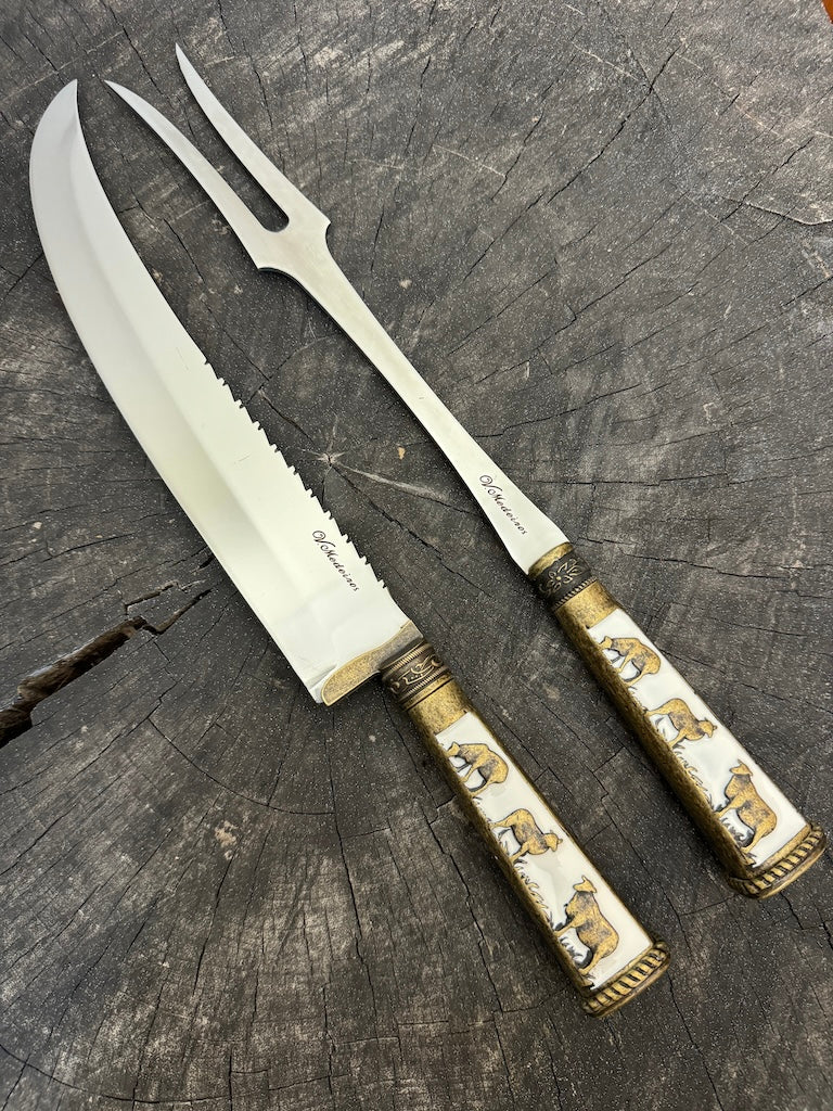 BBQ Knife & Fork Duo Set, Brass Handle, SS440 - 250mm