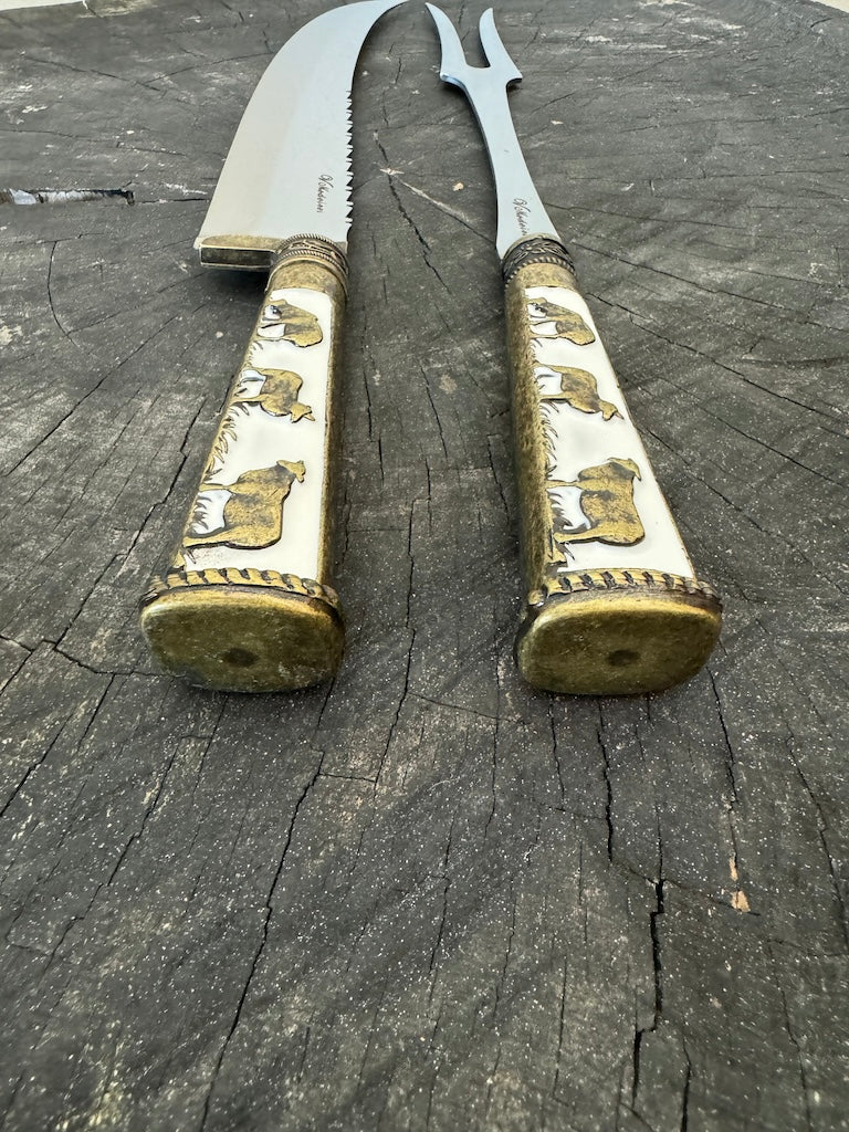 BBQ Knife & Fork Duo Set, Brass Handle, SS440 - 250mm