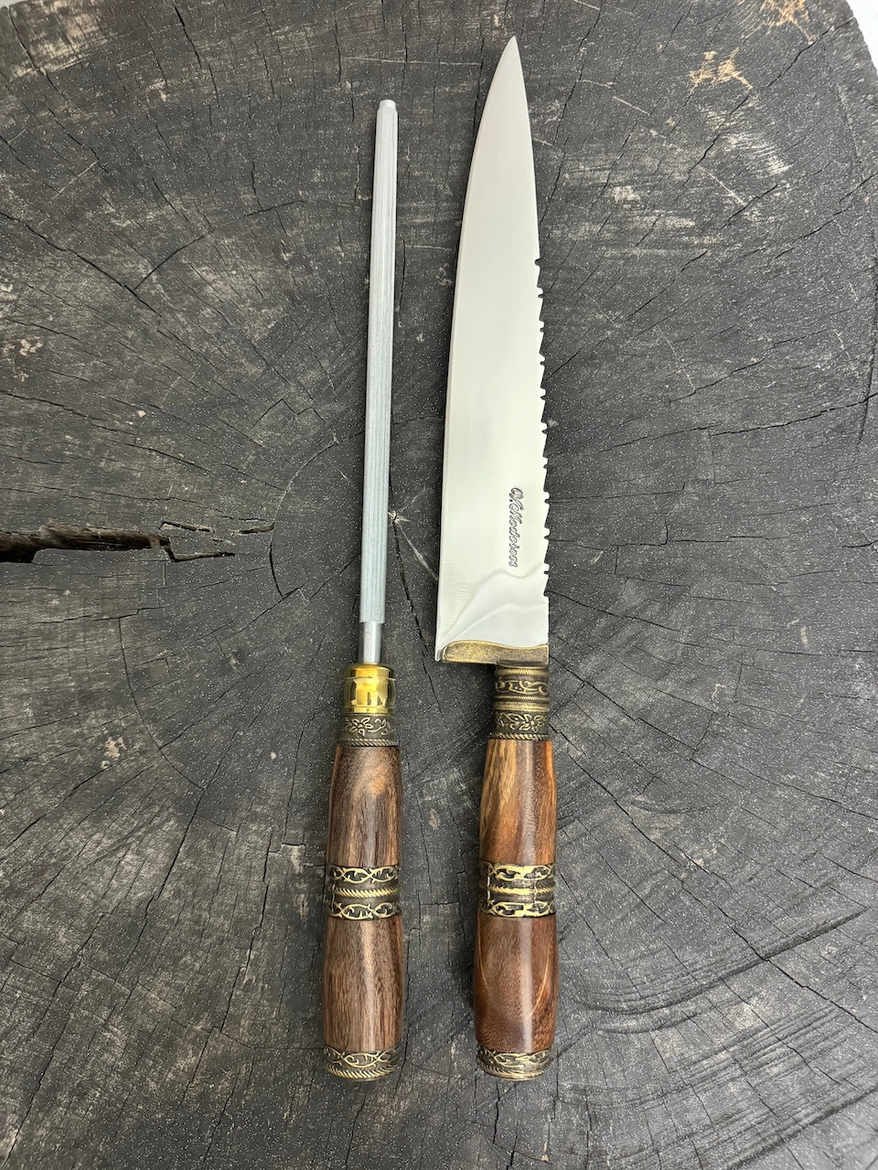 BBQ Knife & Sharpening Steel Duo Set, Jacaranda Hardwood & Nickel Rings, SS440 - 250mm