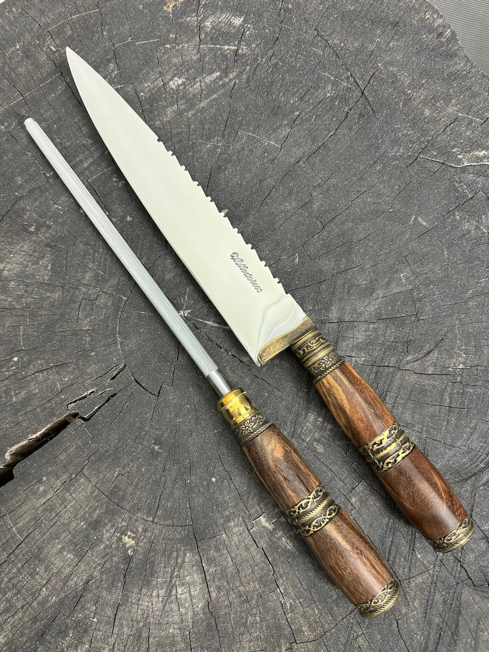 BBQ Knife & Sharpening Steel Duo Set, Jacaranda Hardwood & Nickel Rings, SS440 - 250mm