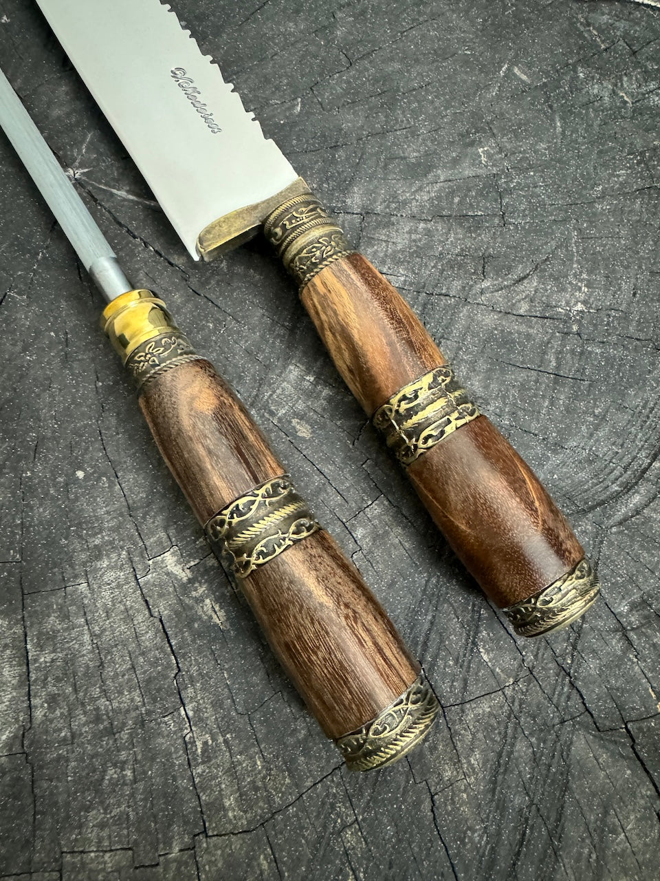 BBQ Knife & Sharpening Steel Duo Set, Jacaranda Hardwood & Nickel Rings, SS440 - 250mm