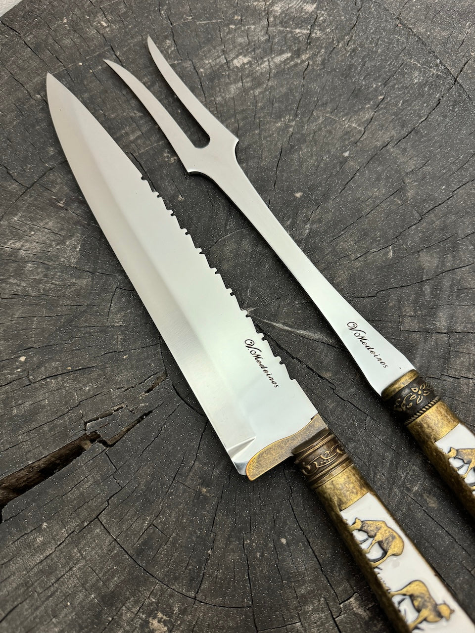 BBQ Knife & Fork Duo Set, Brass Handle, SS440 - 250mm