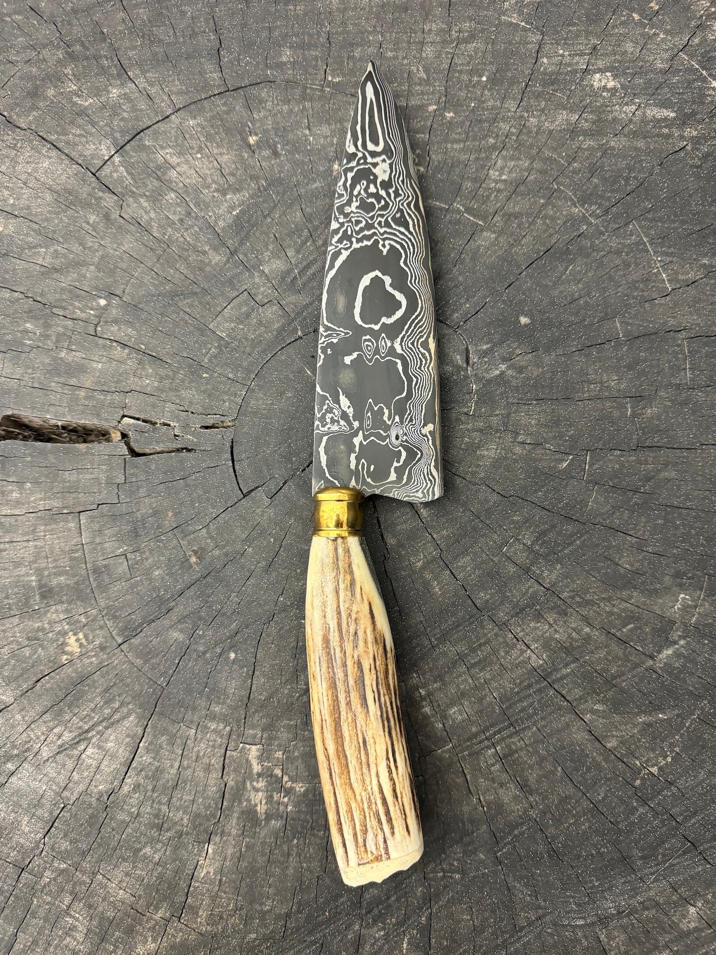6.5" Damascus Knife, Deer Antler, CS1095 15n20 - 165mm