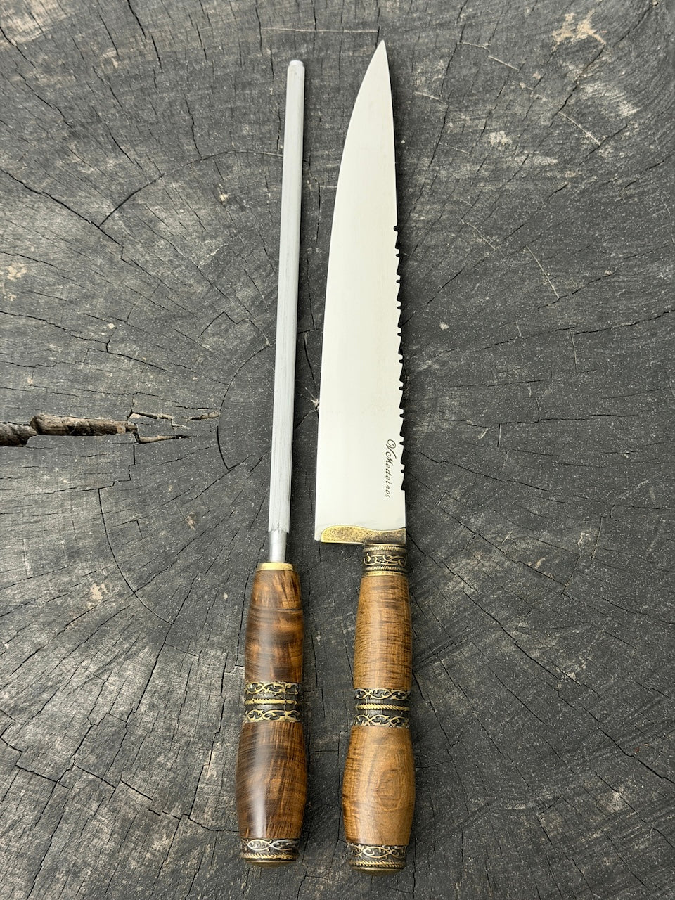 BBQ Knife & Sharpening Steel Duo Set, Ipê Hardwood, SS440 - 250mm