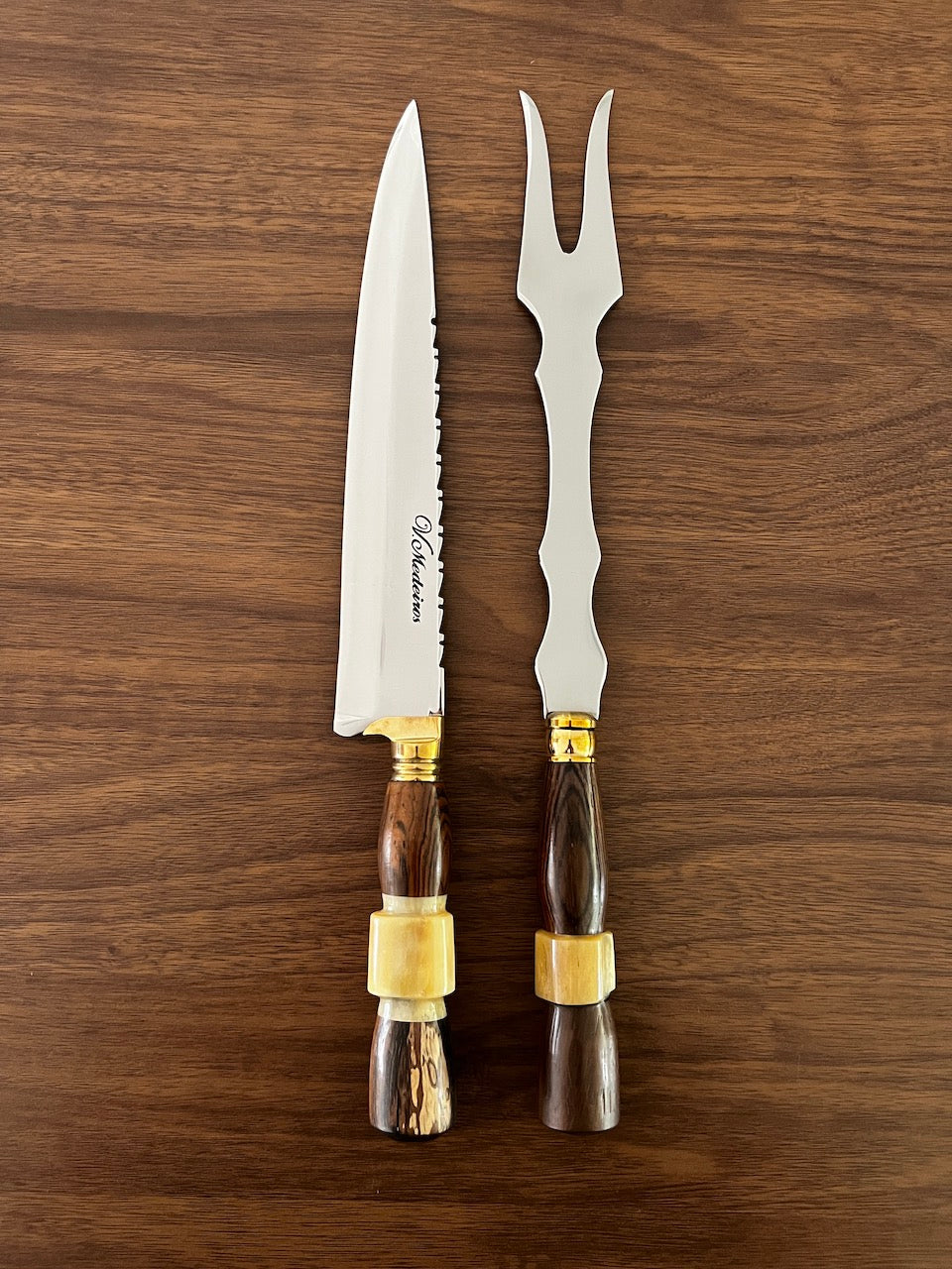 BBQ Knife & Fork Duo Set of Hardwood, Ostrich Bone Handle SS440