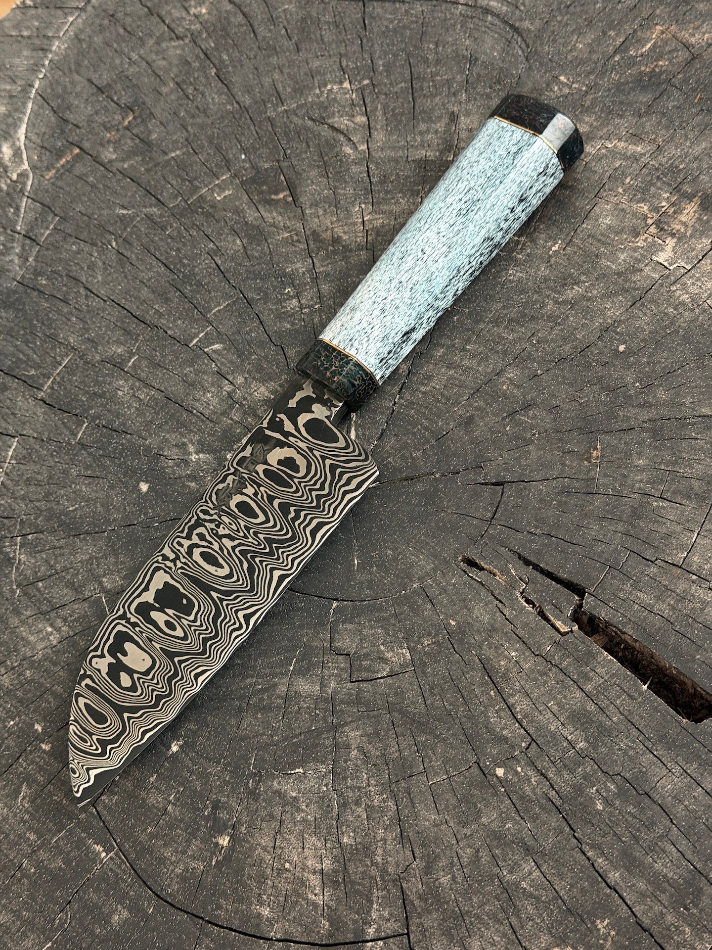 6" Santoku Ladder Damascus Knife 240 Layers, Whale Rib Bone, CS1095 15n20 - 150mm