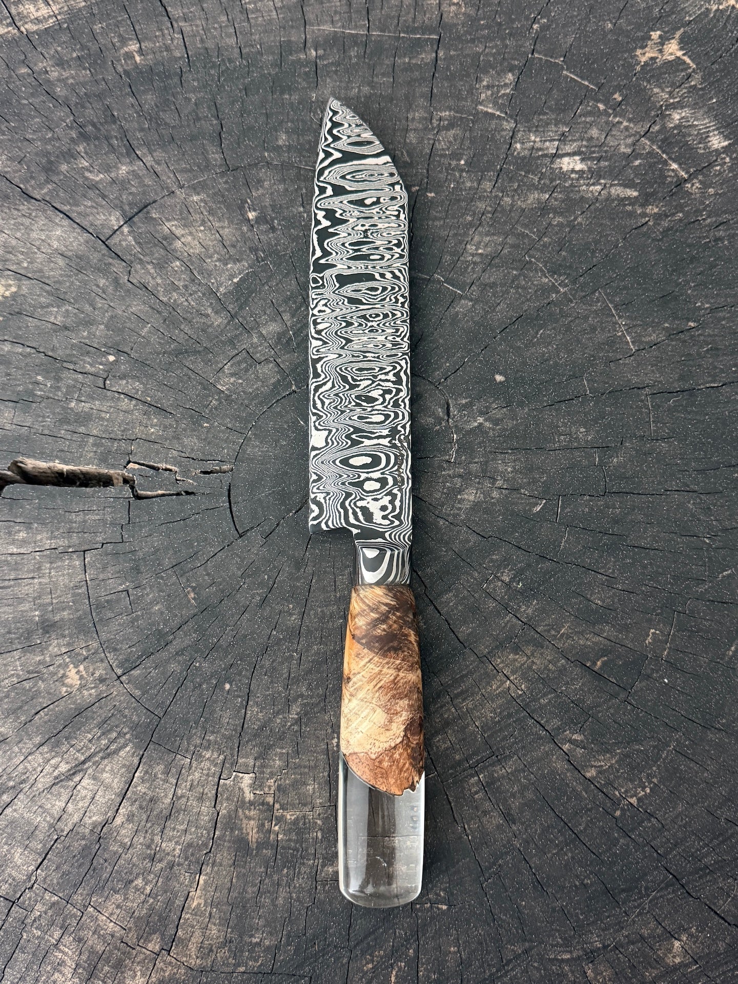 8" Santoku Ladder Integral Damascus Knife 240 Layers, Hybrid Amboyna Burl, CS1095 15n20 - 200mm