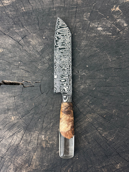 8" Santoku Ladder Integral Damascus Knife 240 Layers, Hybrid Amboyna Burl, CS1095 15n20 - 200mm