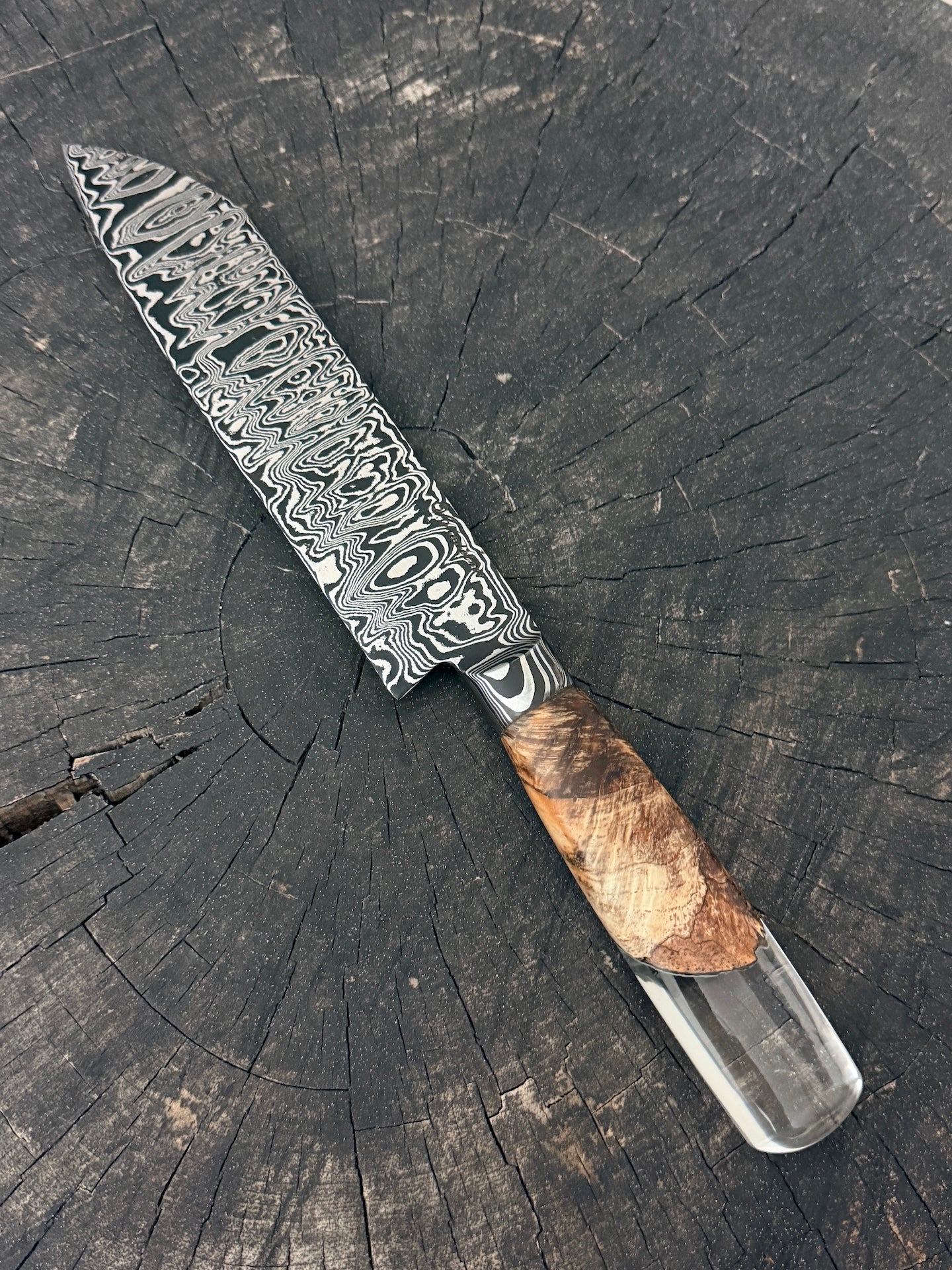 8" Santoku Ladder Integral Damascus Knife 240 Layers, Hybrid Amboyna Burl, CS1095 15n20 - 200mm