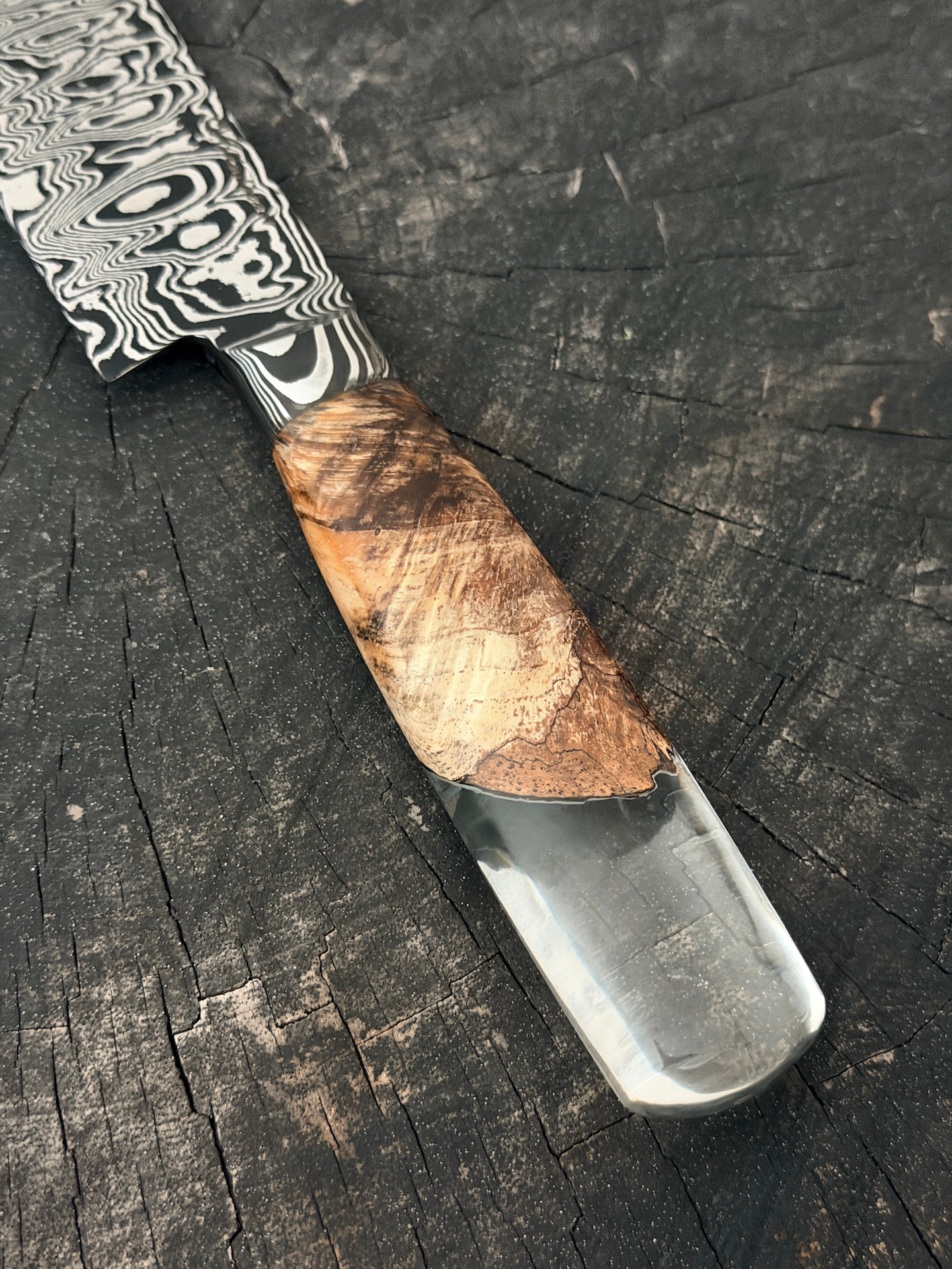 8" Santoku Ladder Integral Damascus Knife 240 Layers, Hybrid Amboyna Burl, CS1095 15n20 - 200mm