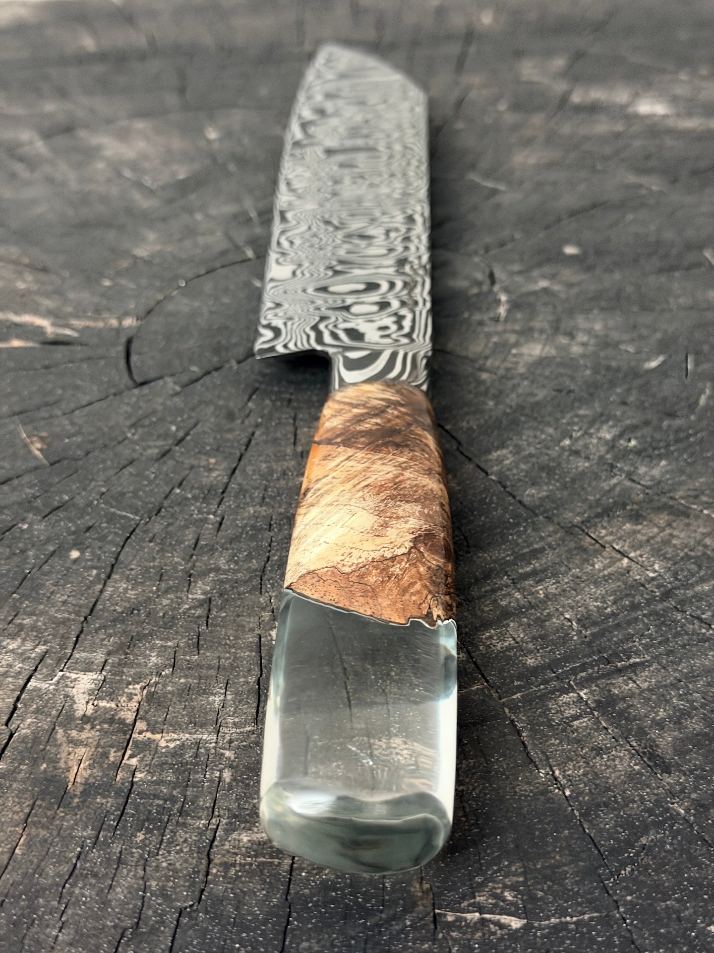 8" Santoku Ladder Integral Damascus Knife 240 Layers, Hybrid Amboyna Burl, CS1095 15n20 - 200mm