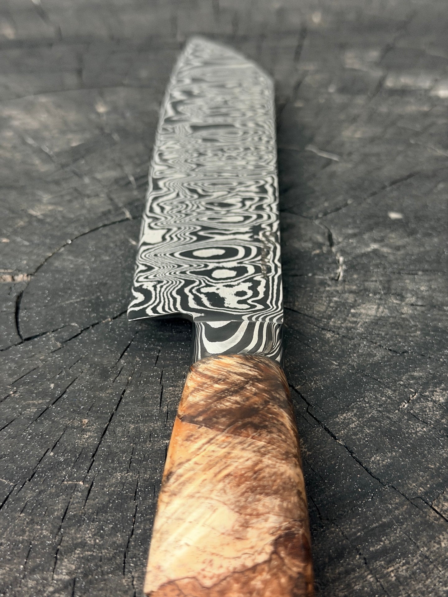 8" Santoku Ladder Integral Damascus Knife 240 Layers, Hybrid Amboyna Burl, CS1095 15n20 - 200mm