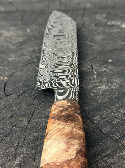 8" Santoku Ladder Integral Damascus Knife 240 Layers, Hybrid Amboyna Burl, CS1095 15n20 - 200mm