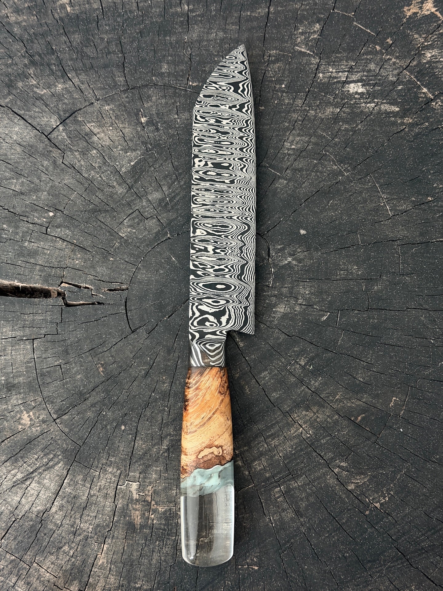 8" Santoku Ladder Integral Damascus Knife 240 Layers, Hybrid Amboyna Burl, CS1095 15n20 - 200mm