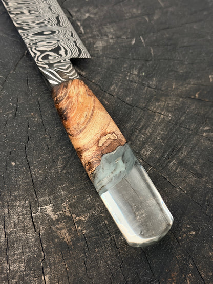 8" Santoku Ladder Integral Damascus Knife 240 Layers, Hybrid Amboyna Burl, CS1095 15n20 - 200mm