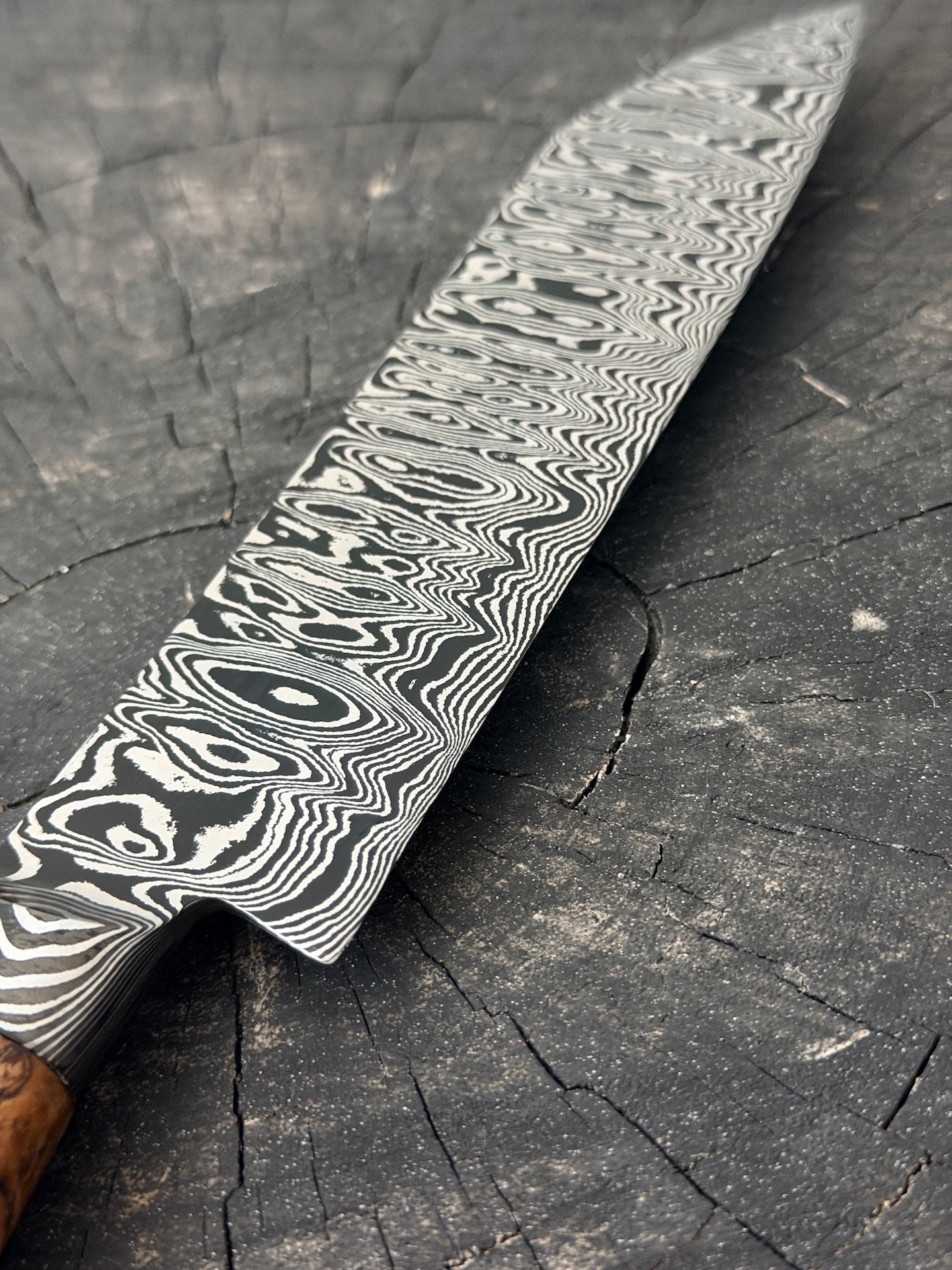 8" Santoku Ladder Integral Damascus Knife 240 Layers, Hybrid Amboyna Burl, CS1095 15n20 - 200mm