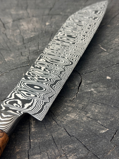 8" Santoku Ladder Integral Damascus Knife 240 Layers, Hybrid Amboyna Burl, CS1095 15n20 - 200mm