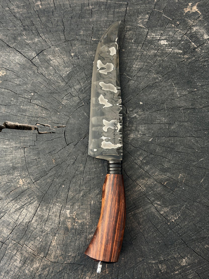 8" Artisan Carving Damascus Knife 300 Layers, Motorcycle Chain, Jacaranda Hardwood, HCS SAE 8620 4140 - 205mm