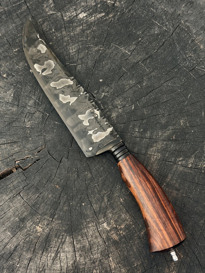 8" Artisan Carving Damascus Knife 300 Layers, Motorcycle Chain, Jacaranda Hardwood, HCS SAE 8620 4140 - 205mm
