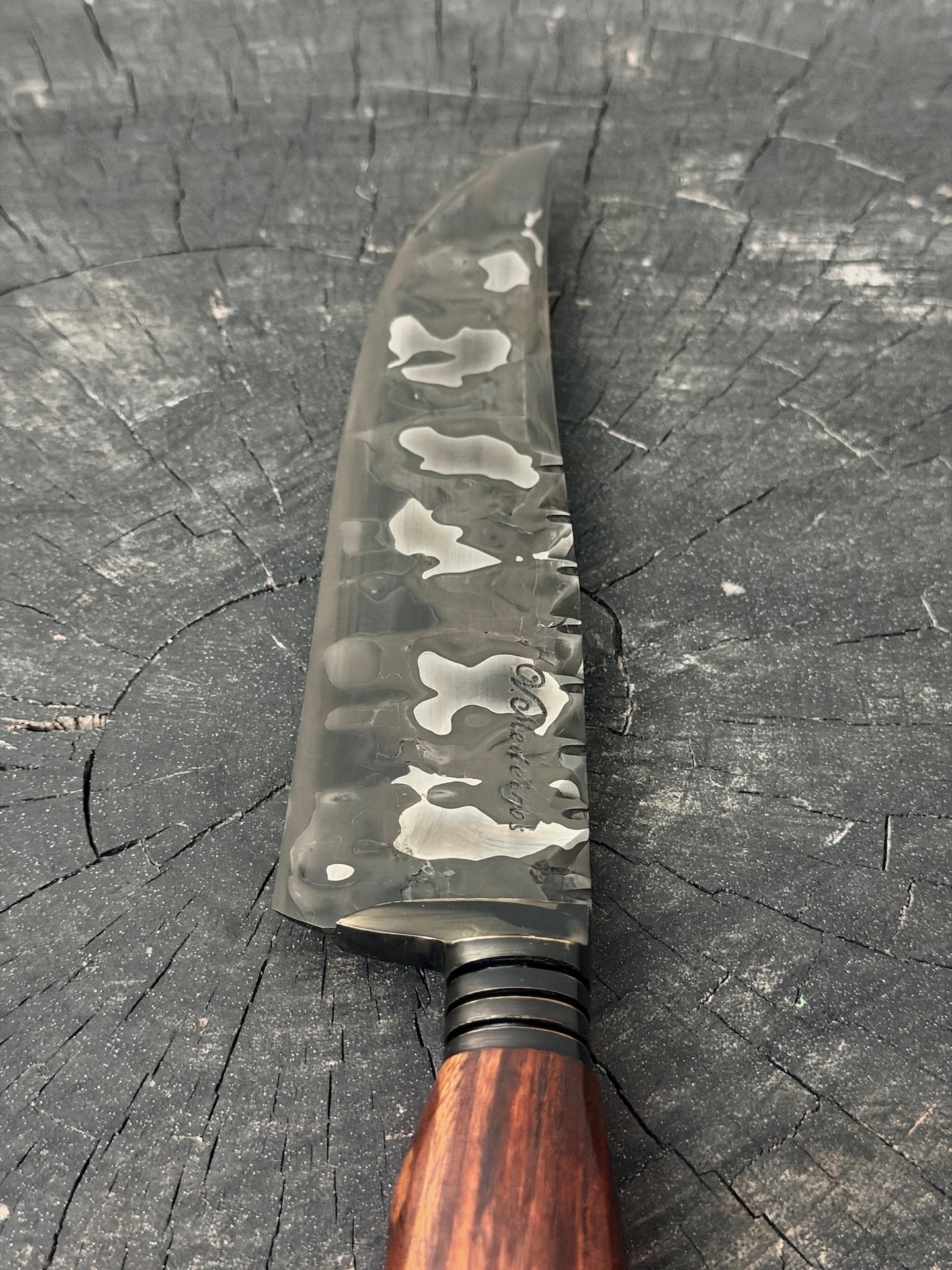 8" Artisan Carving Damascus Knife 300 Layers, Motorcycle Chain, Jacaranda Hardwood, HCS SAE 8620 4140 - 205mm