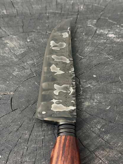 8" Artisan Carving Damascus Knife 300 Layers, Motorcycle Chain, Jacaranda Hardwood, HCS SAE 8620 4140 - 205mm