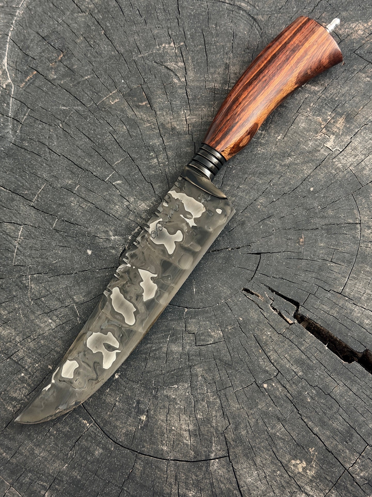 8" Artisan Carving Damascus Knife 300 Layers, Motorcycle Chain, Jacaranda Hardwood, HCS SAE 8620 4140 - 205mm