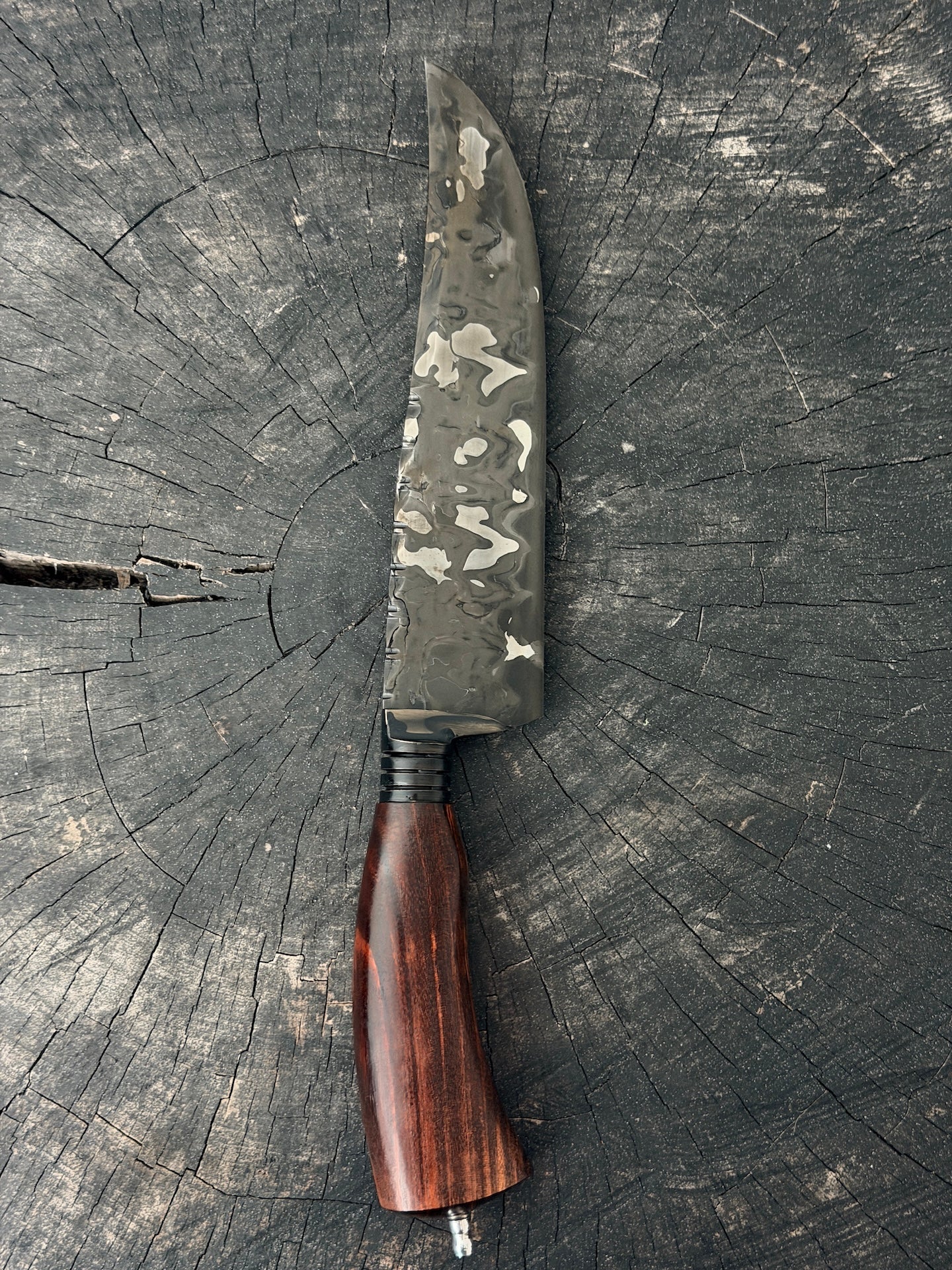 8" Artisan Carving Damascus Knife 300 Layers, Motorcycle Chain, Jacaranda Hardwood, HCS SAE 8620 4140 - 205mm