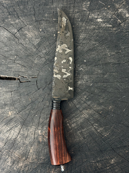8" Artisan Carving Damascus Knife 300 Layers, Motorcycle Chain, Jacaranda Hardwood, HCS SAE 8620 4140 - 205mm