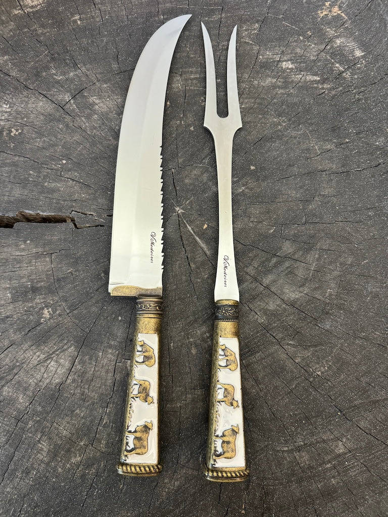 BBQ Knife &amp; Fork Duo Set, Brass Handle, SS440 - 250mm