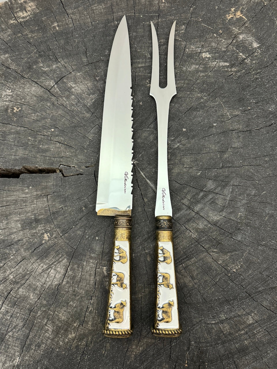 BBQ Knife &amp; Fork Duo Set, Brass Handle, SS440 - 250mm