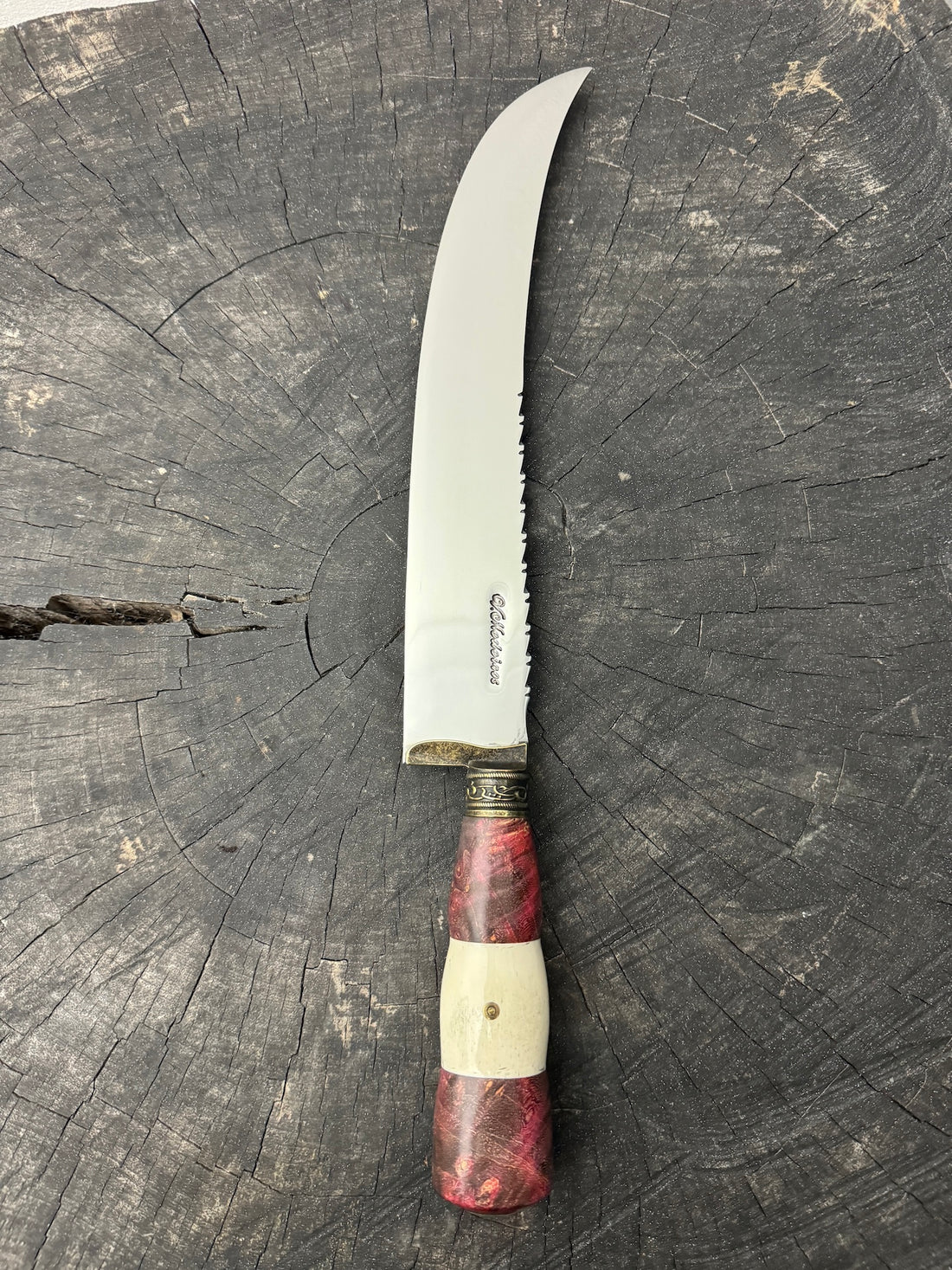 10&quot; Butchers Knife, Maple Burl &amp; Deer Antler, SS440 - 250mm