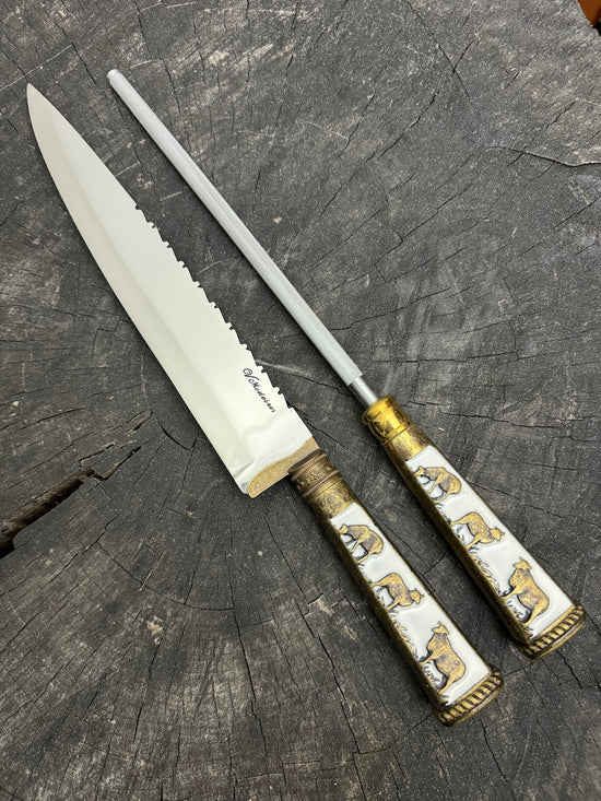 BBQ Knife & Sharpening Steel Duo Set, Brass Handle, SS440 - 250mm