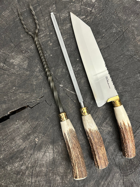 BBQ Knife & Fork Set, Deer Antler, SS440 - 220mm