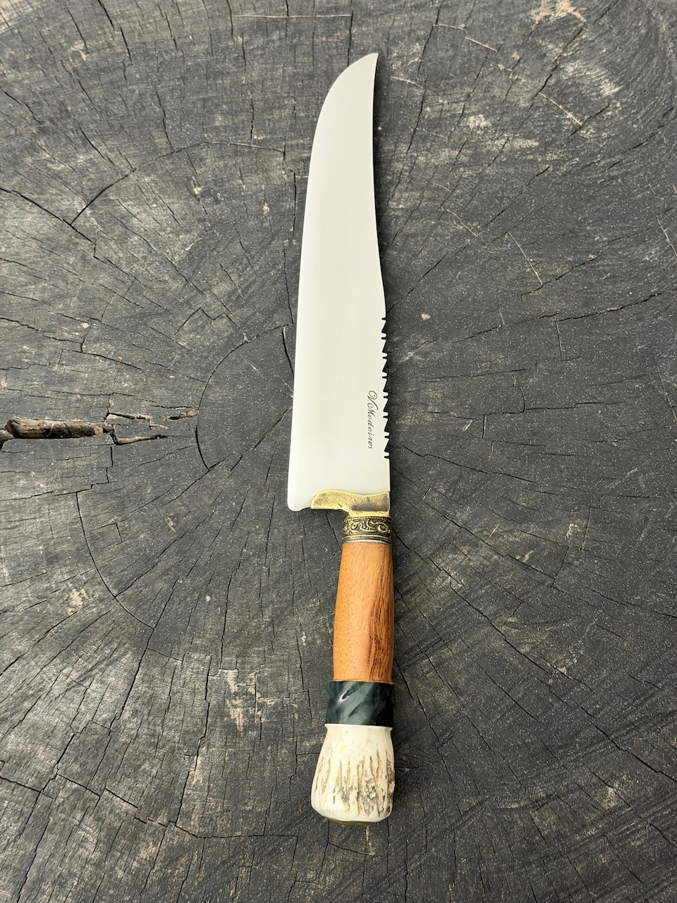 9" Artisan BBQ Knife, Native Hardwood &amp; Deer Antler, SS440 - 230mm