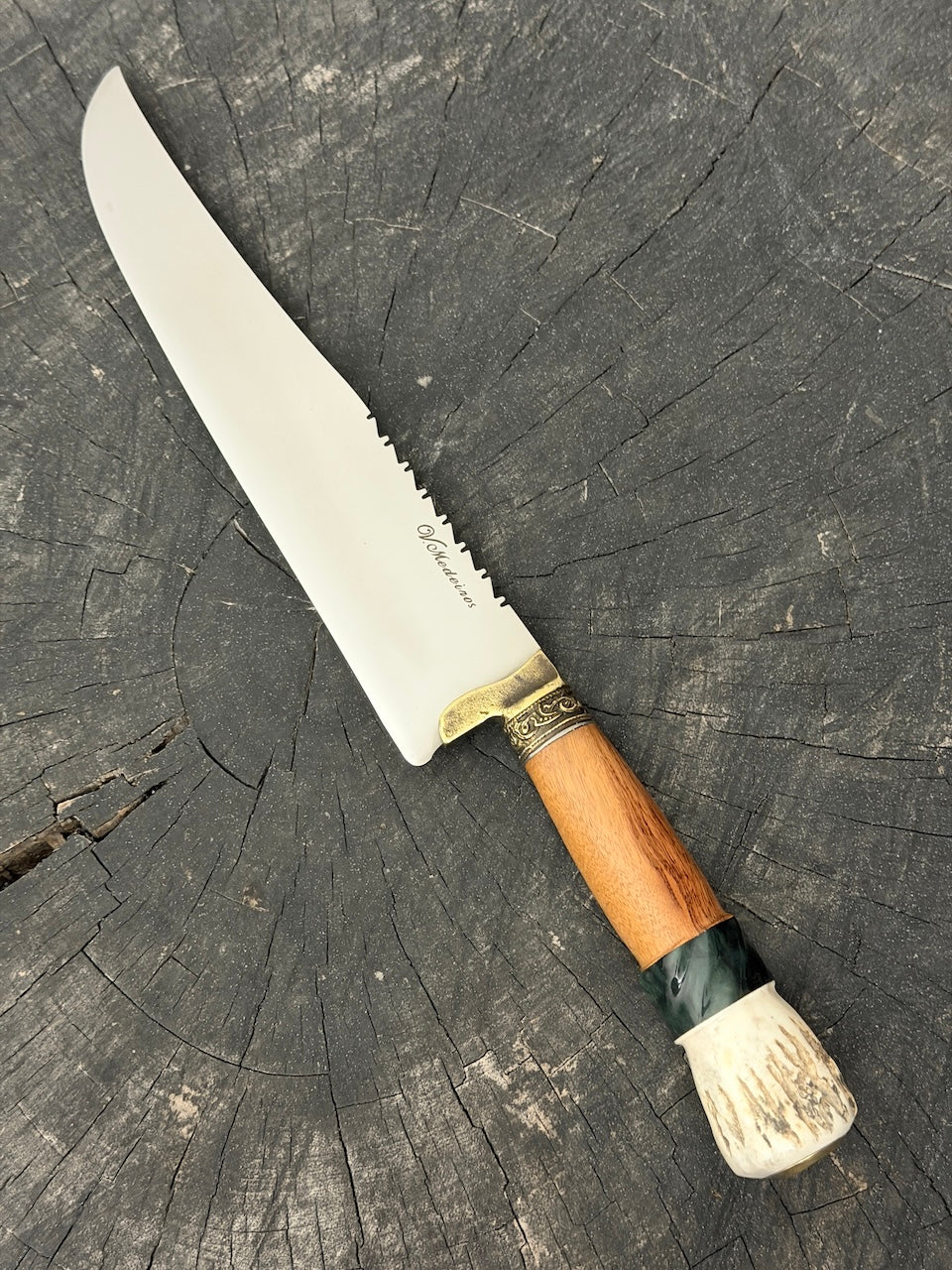9" Artisan BBQ Knife, Native Hardwood &amp; Deer Antler, SS440 - 230mm