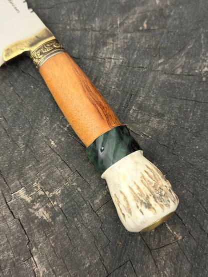 9" Artisan BBQ Knife, Native Hardwood &amp; Deer Antler, SS440 - 230mm