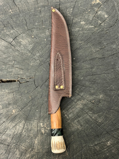 9" Artisan BBQ Knife, Native Hardwood &amp; Deer Antler, SS440 - 230mm