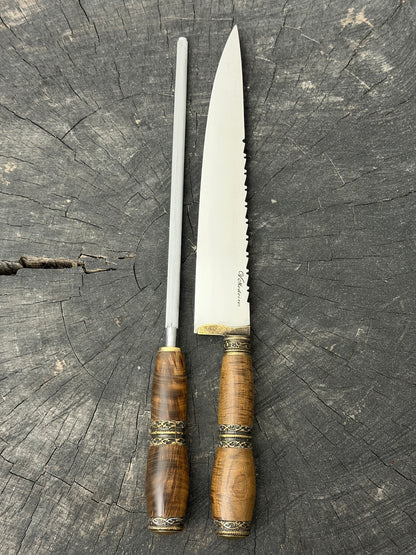BBQ Knife &amp; Sharpening Steel Duo Set, Ipê Hardwood, SS440 - 250mm