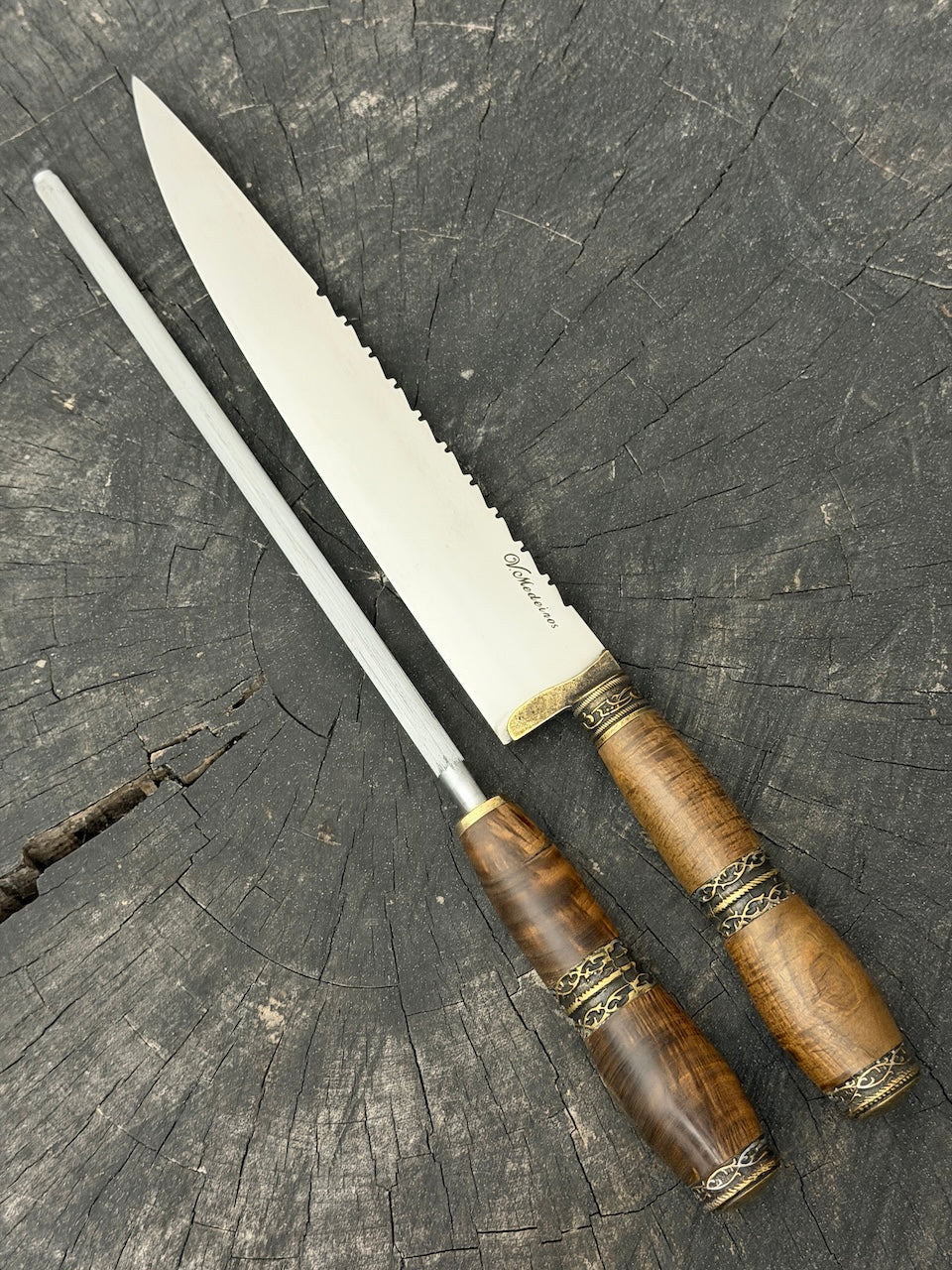 BBQ Knife &amp; Sharpening Steel Duo Set, Ipê Hardwood, SS440 - 250mm