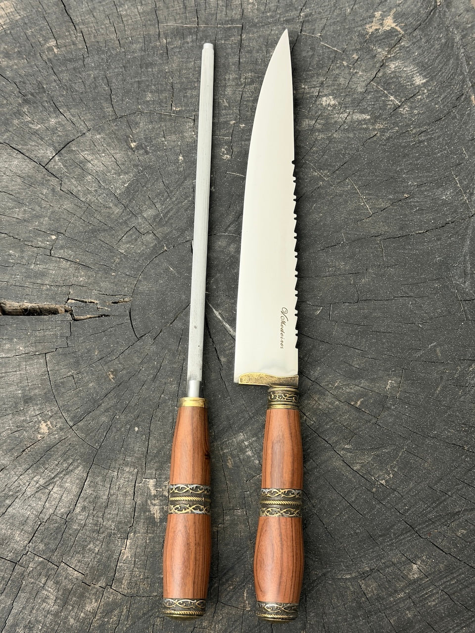 BBQ Knife &amp; Sharpening Steel Duo Set, Brauninha Hardwood, SS440 - 250mm