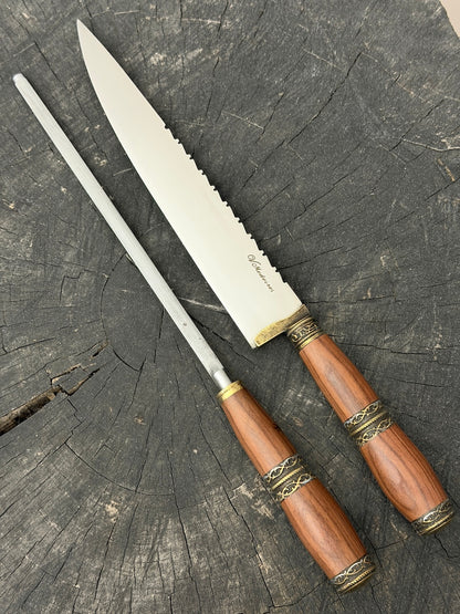 BBQ Knife &amp; Sharpening Steel Duo Set, Brauninha Hardwood, SS440 - 250mm