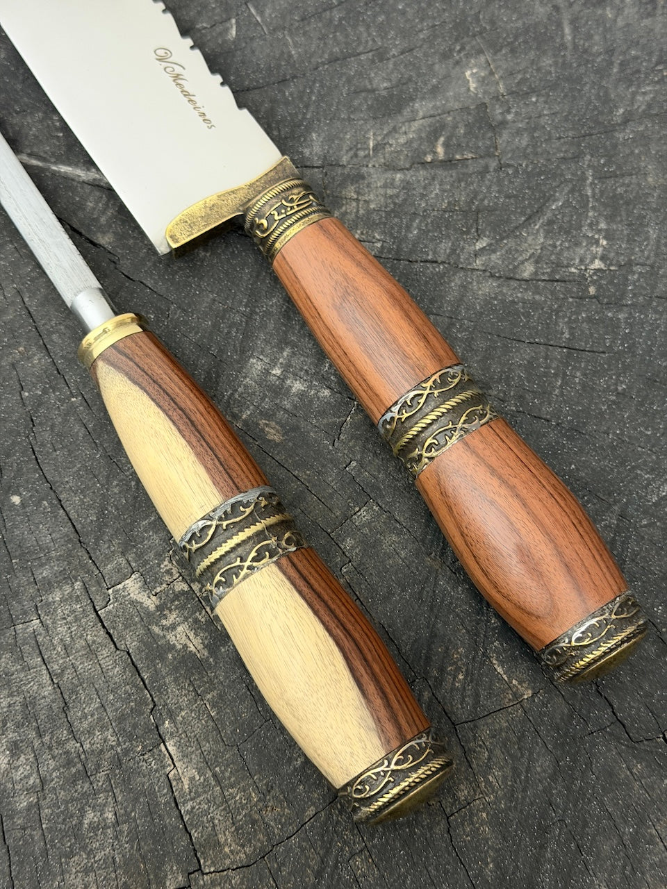 BBQ Knife &amp; Sharpening Steel Duo Set, Brauninha Hardwood, SS440 - 250mm