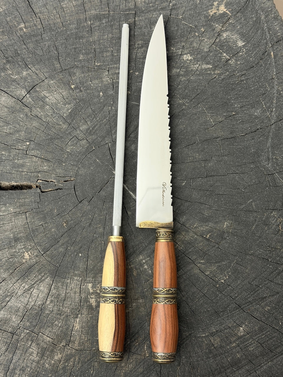 BBQ Knife &amp; Sharpening Steel Duo Set, Brauninha Hardwood, SS440 - 250mm