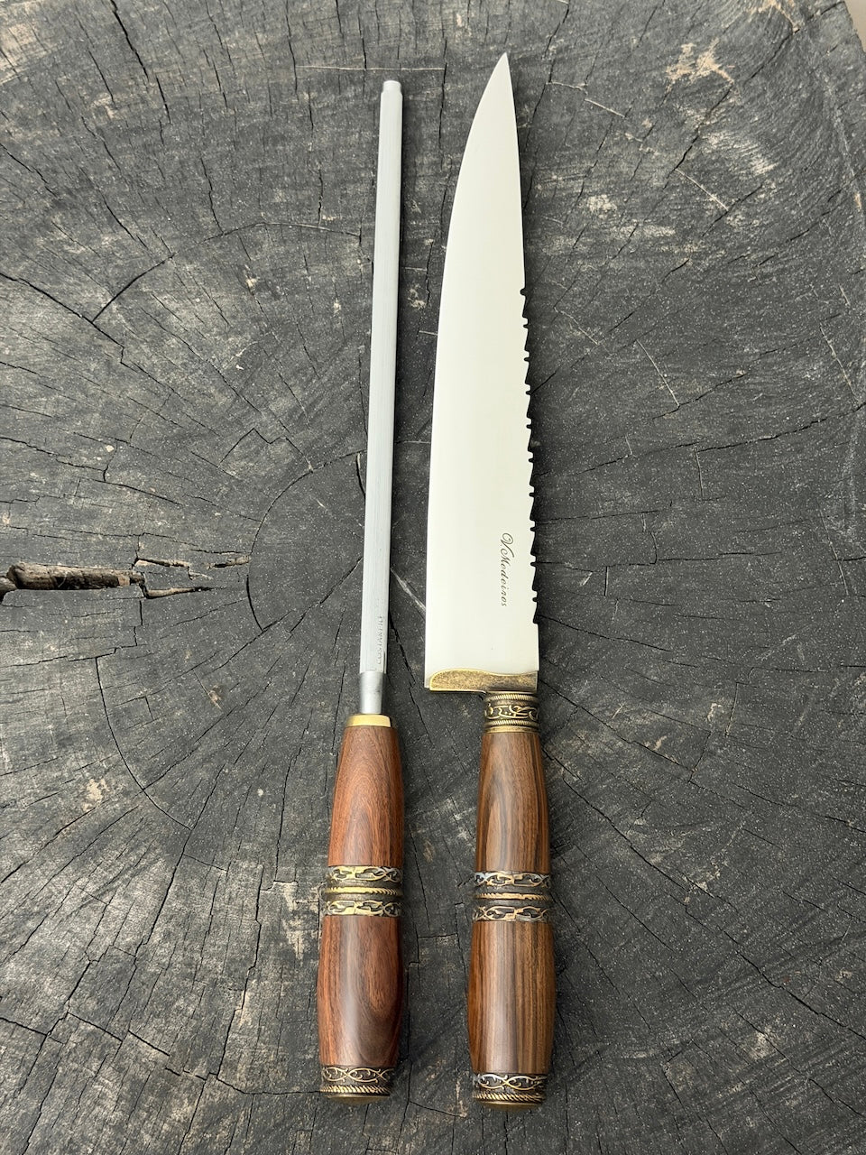 BBQ Knife &amp; Sharpening Steel Duo Set, Jacaranda Hardwood, SS440 - 250mm