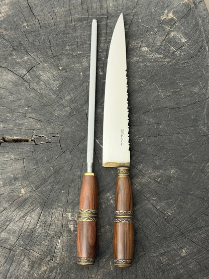 BBQ Knife &amp; Sharpening Steel Duo Set, Jacaranda Hardwood, SS440 - 250mm