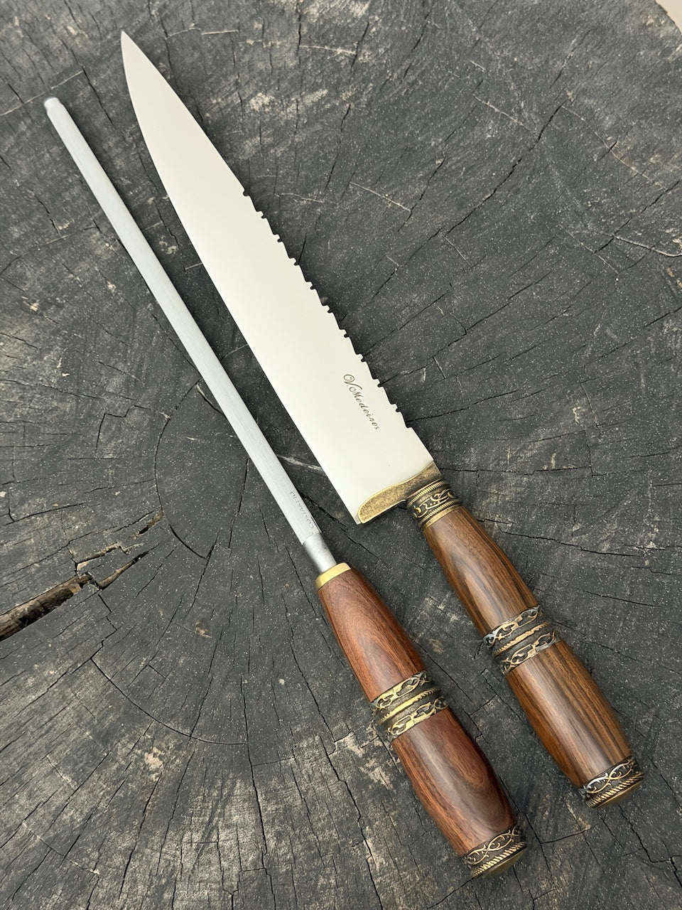 BBQ Knife &amp; Sharpening Steel Duo Set, Jacaranda Hardwood, SS440 - 250mm