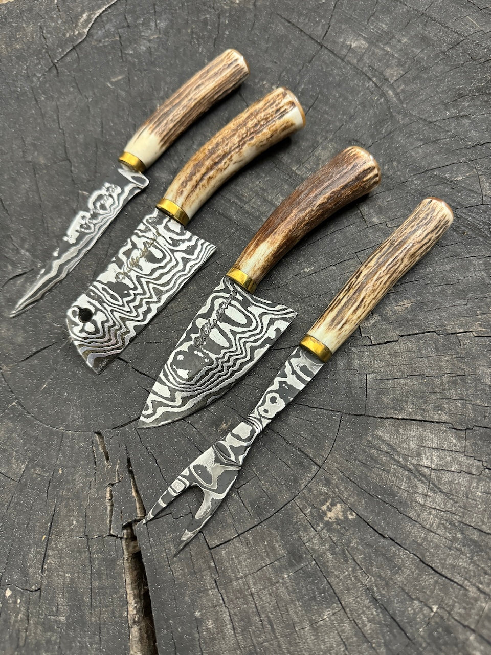 Damascus Cheese Charcuterie Knife Set, Deer Antler, CS1095 15n20