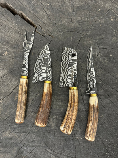 Damascus Cheese Charcuterie Knife Set, Deer Antler, CS1095 15n20