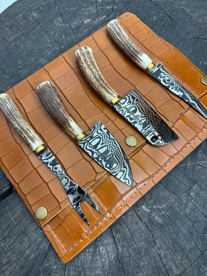 Damascus Cheese Charcuterie Knife Set, Deer Antler, CS1095 15n20