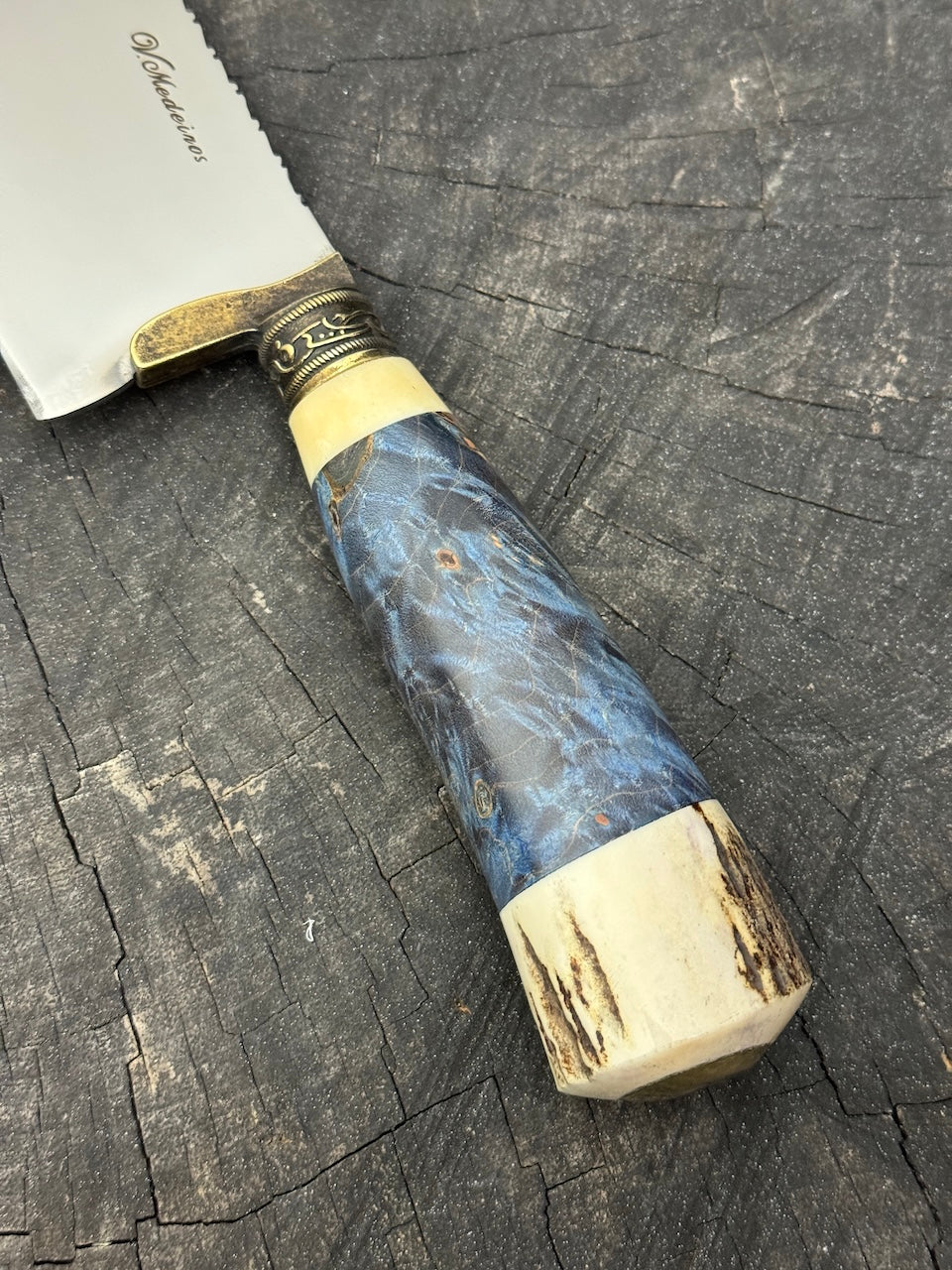 10&quot; Chef Picanha Knife, Maple Burl &amp; Deer Antler, SS440 - 250mm